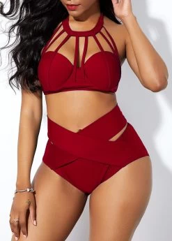Cross Front High Waist Cage Neck Bikini Set 6 Cross Front High Waist Cage Neck Bikini Set -Modlily 227466 P 15634988542982