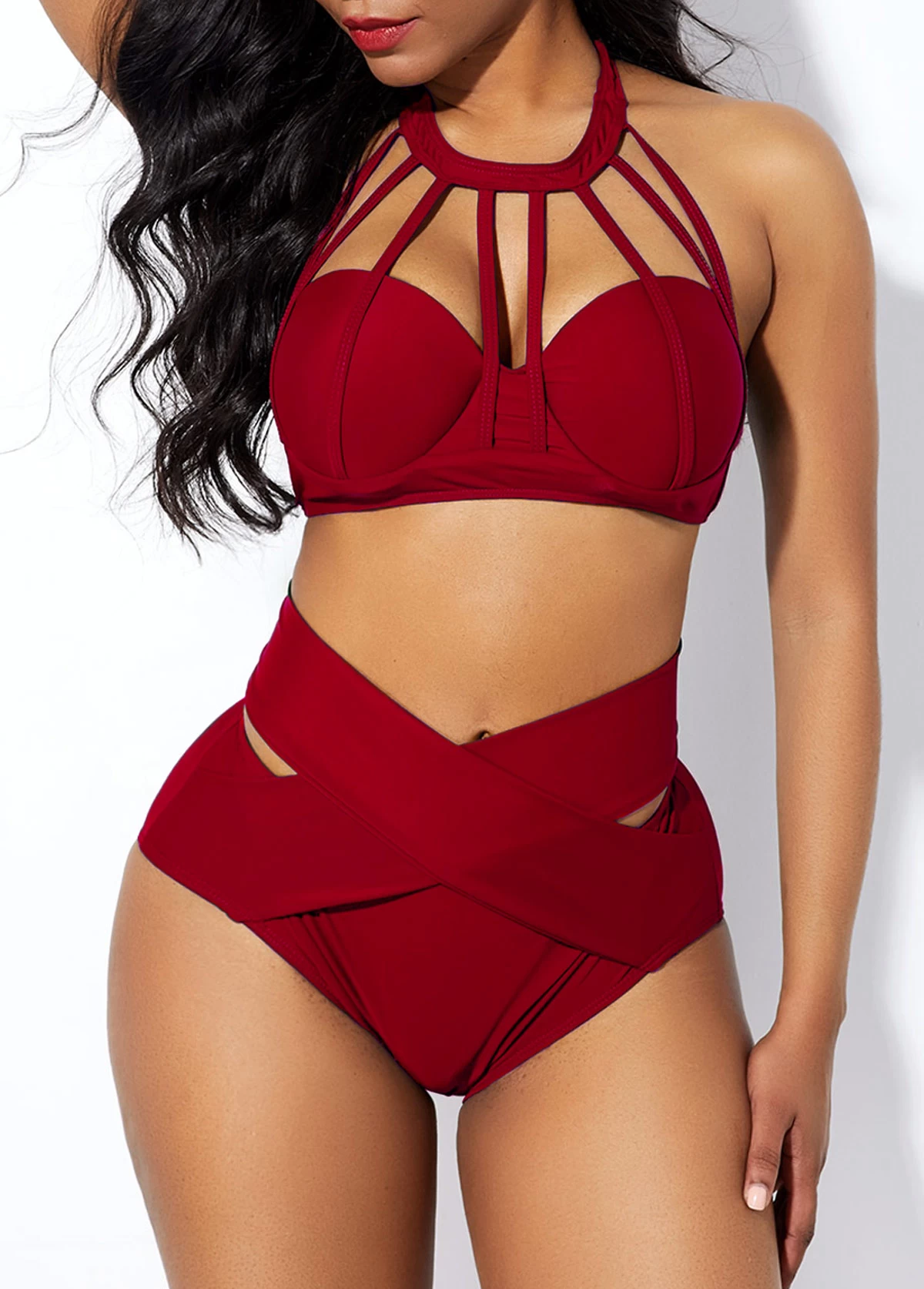 Cross Front High Waist Cage Neck Bikini Set 1 Cross Front High Waist Cage Neck Bikini Set