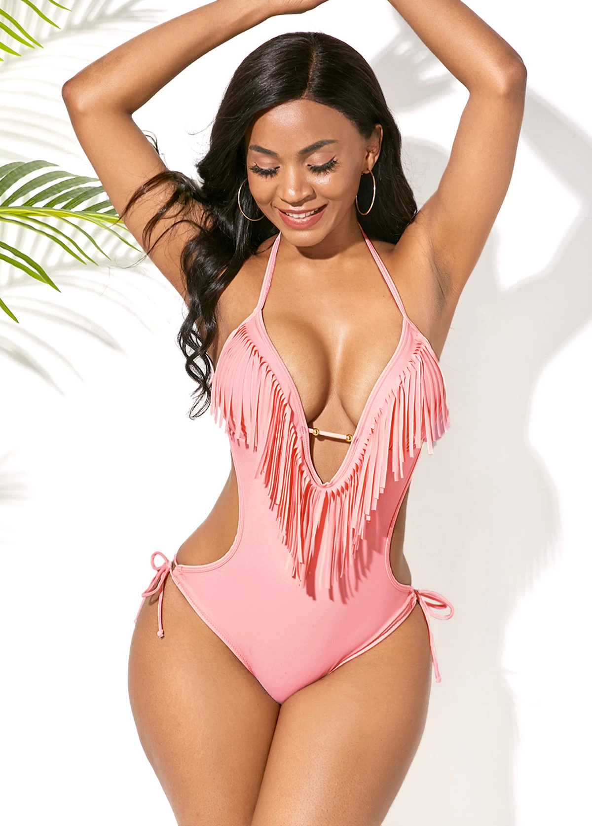 Tassel Embellished Halter Light Pink One Piece Swimwear 4 Tassel Embellished Halter Light Pink One Piece Swimwear - Image 4