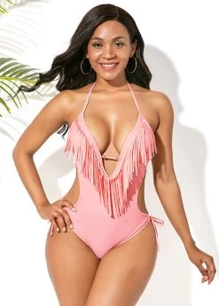 Tassel Embellished Halter Light Pink One Piece Swimwear 12 Tassel Embellished Halter Light Pink One Piece Swimwear -Modlily 242298 P 15942718347034