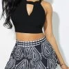 Bowknot Swimwear Top And Printed High Waisted Pantskirt