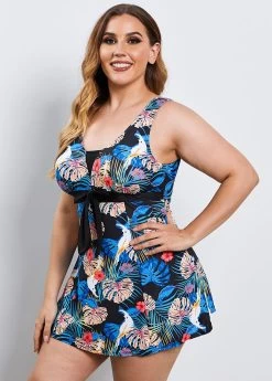 Tropical Print Bowknot Sash V Neck Swimdress And Shorts -Modlily 244994 P 15953276443732