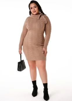 Plus Size Cable Knit Flap Collar Dress