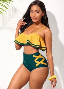 Ruffle Hem Contrast Spaghetti Strap High Waisted Bikini Set -Modlily 254902 P 16070457621002