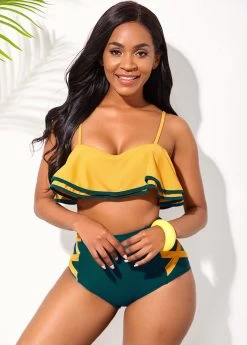 Ruffle Hem Contrast Spaghetti Strap High Waisted Bikini Set -Modlily 254902 P 16070457639784