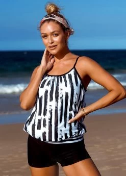 Spaghetti Strap Contrast Striped Blouson Tankini Set