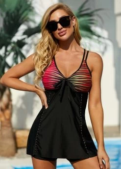 Stripe Red Double Straps Tankini Set