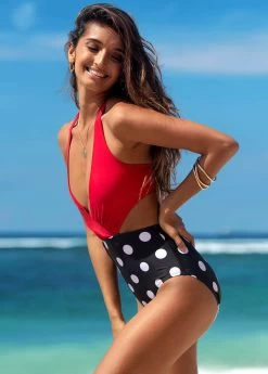 Polka Dot Halter One Piece Swimwear -Modlily 258902 P 1616724875159