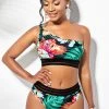 One Shoulder Floral Print High Waisted Bikini Set
