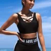 Letter Print Cross Strap High Waisted Bikini Set