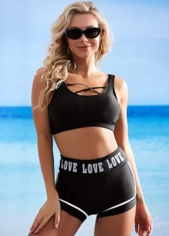 Letter Print Cross Strap High Waisted Bikini Set -Modlily 259974 P 1616491424816