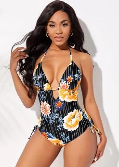Floral Print Halter One Piece Swimwear -Modlily 259975 P 16123511931693