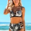 Leaf Print High Waist Ladder Cutout Bikini Set