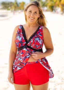 Plus Size Lace Stitching Floral Print Swimdress And Shorts -Modlily 260183 P 16137280597664