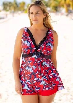 Plus Size Lace Stitching Floral Print Swimdress And Shorts -Modlily 260183 P 16137280598313