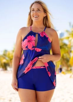 Plus Size Floral Print Criss Cross Back Swimdress And Shorts -Modlily 260184 P 16129572206713