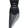 Asymmetric Hem Ruched Mesh Swimdress And Panty