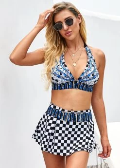 Checkered Print Halter Buckle Detail Bikini Set