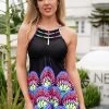 Tribal Print Mesh Stitching Swimdress And Panty