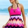 Halter Ombre Lattice Front Swimdress And Panty