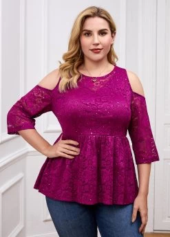 Plus Size Cold Shoulder Lace Stitching T Shirt -Modlily 261653 P 16097580360062