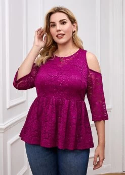 Plus Size Cold Shoulder Lace Stitching T Shirt