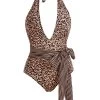 Leopard Print Halter Belted One Piece Swimwear