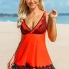 Lace Stitching Spaghetti Strap Swimdress And Shorts
