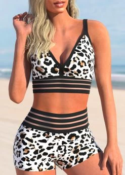 Modlily 12 High Waisted Mesh Stitching Leopard Bikini Set