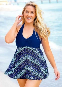 Plus Size Geometric Print Halter Swimdress And Shorts -Modlily 262054 P 16189743833402