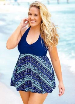 Plus Size Geometric Print Halter Swimdress And Shorts -Modlily 262054 P 16189743833503