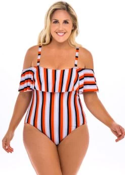 Plus Size Striped Cold Shoulder One Piece Swimwear -Modlily 262533 P 16141446946373