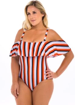Plus Size Striped Cold Shoulder One Piece Swimwear -Modlily 262533 P 16141446947172