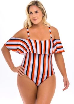 Plus Size Striped Cold Shoulder One Piece Swimwear