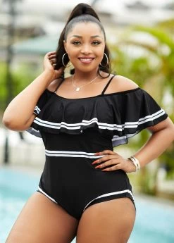 Flounce Plus Size Contrast Stitch One Piece Swimwear