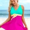 Color Block Wide Strap Swimdress And Shorts