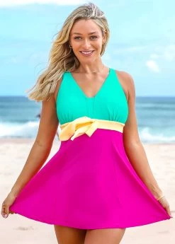 Color Block Wide Strap Swimdress And Shorts 7 Color Block Wide Strap Swimdress And Shorts -Modlily 262581 P 16117374023933