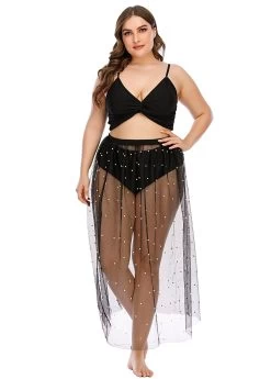 Plus Size Twist Front Mesh Beaded Bikini Set