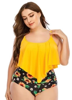 Plus Size Sunflower Print Asymmetric Hem Bikini Set