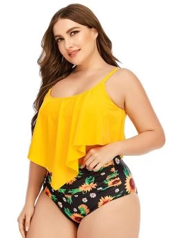 Plus Size Sunflower Print Asymmetric Hem Bikini Set -Modlily 262743 P 1609322210874