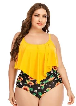 Plus Size Sunflower Print Asymmetric Hem Bikini Set -Modlily 262743 P 1609322211139