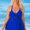 Plus Size Lace Stitching Cross Strap Swimdress And Shorts