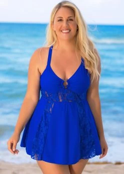 Plus Size Lace Stitching Cross Strap Swimdress And Shorts