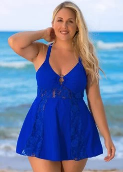 Plus Size Lace Stitching Cross Strap Swimdress And Shorts -Modlily 262932 P 16206104186062