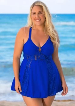 Plus Size Lace Stitching Cross Strap Swimdress And Shorts -Modlily 262932 P 16206104186843