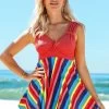 Rainbow Stripe Wide Strap Mid Waist Swimdress And Shorts