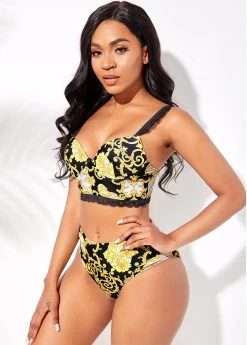 Baroque Print Lace Trim Bikini Set -Modlily 263117 P 16106871734792