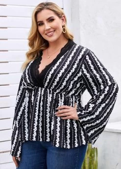 Plus Size Lace Trim Printed Blouse -Modlily 263337 P 16115638250323