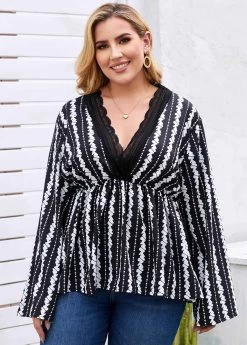 Plus Size Lace Trim Printed Blouse -Modlily 263337 P 16115638250932