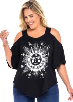 Plus Size Cold Shoulder Astrology Print T Shirt
